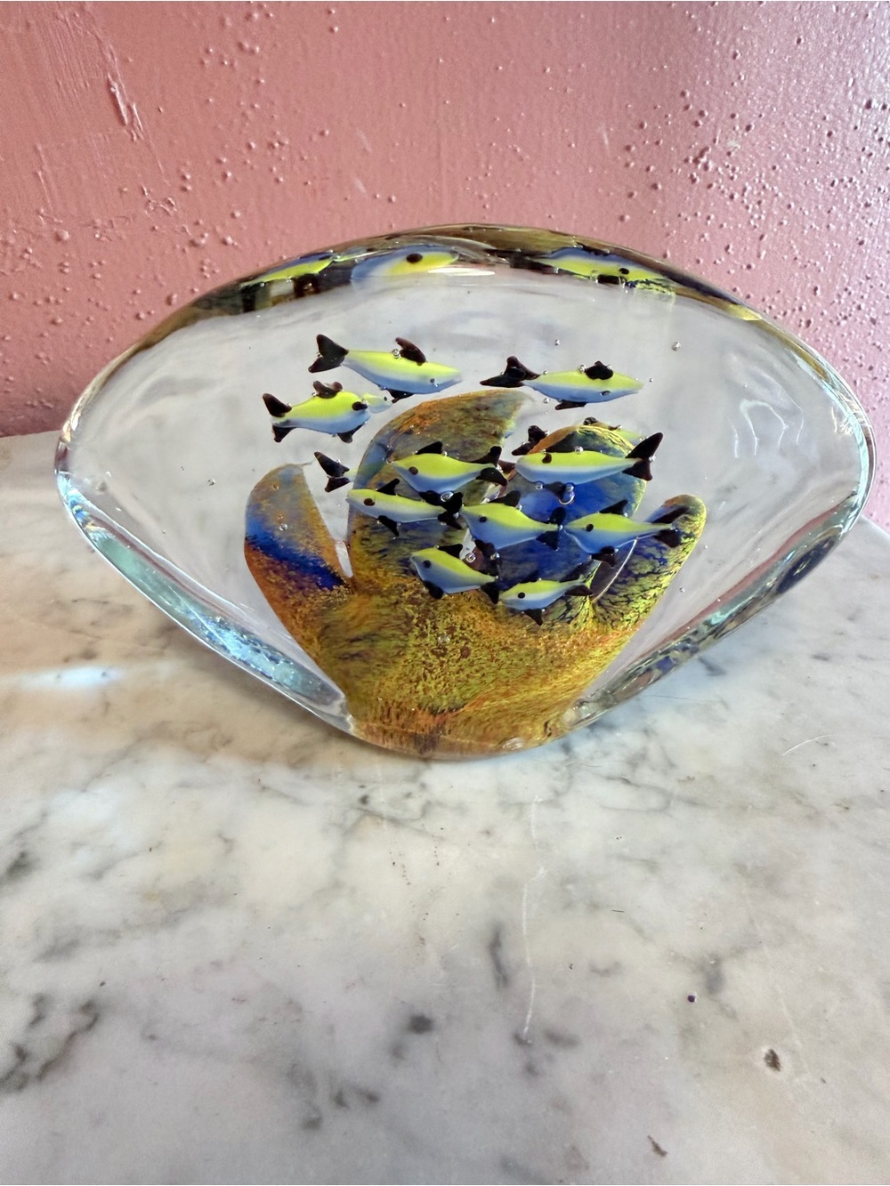 Hand-Blown Glass Fish Aquarium Sculpture - Yellow Blue Fish Design paperweight